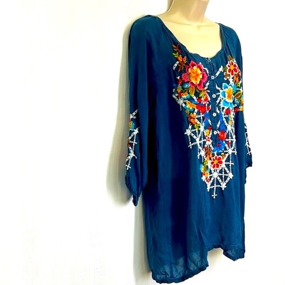 Johnny Was - Blue Embroidered Floral Boho Pullover Long Sleeve Blouse Size Sm - Picture 3 of 14
